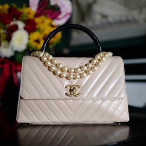 CHANEL COCO Chevron Lizard- Trimmed Calfskin leather bag